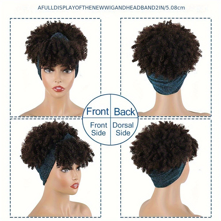 Headband Wigs For Women, Synthetic Short Afro Kinky Curly Wigs Dark Brown Wig With Bangs Wrap Wigs 2 In 1 Turban Wig Drawstring High Puff Wigs Headwrap Wigs With Headband Attached Updo Music Festival - Lena & Miles Exquisite Boutique LLC.