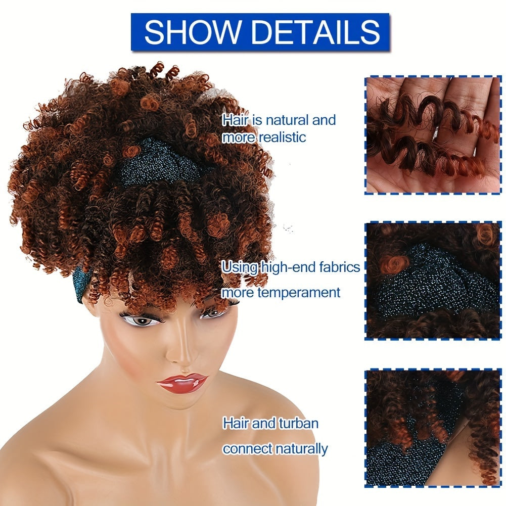 Headband Wigs For Women, Synthetic Short Afro Kinky Curly Wigs Dark Brown Wig With Bangs Wrap Wigs 2 In 1 Turban Wig Drawstring High Puff Wigs Headwrap Wigs With Headband Attached Updo Music Festival - Lena & Miles Exquisite Boutique LLC.