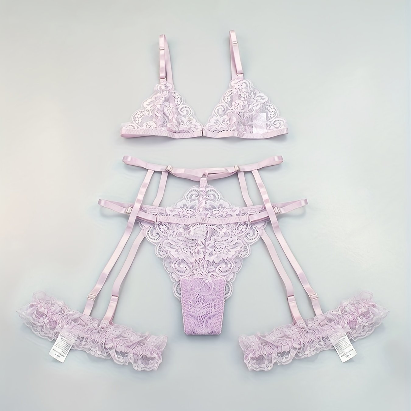 Sultry Floral Lace Lingerie Set - Sheer Bra, Garter Belt, G-String, Leg Ring - Women&