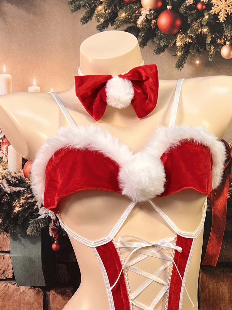 2pcs set of open-fronted body suits + neck ring bows, Christmas dress, sexy open-fronted body suits, lace-up uniforms, seductive pajamas, Christmas tube tops, naked back suits, with sexy lingerie, high-end uniforms, sexy clot - Lena & Miles Exquisite Boutique LLC.