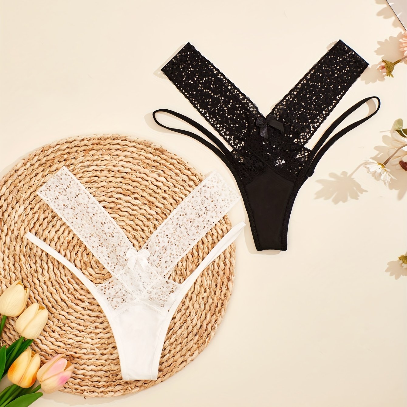 High Waist Criss Cross Floral Print Semi-Sheer Thong Panties - Strappy Lace Women&