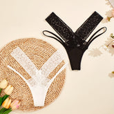 High Waist Criss Cross Floral Print Semi-Sheer Thong Panties - Strappy Lace Women&