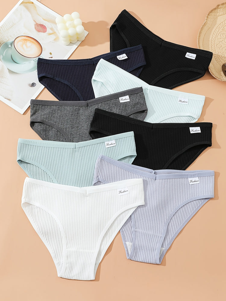 8pcs Seamless Ribbed Bikini, Comfy & Breathable Low Waist Panties, Women&