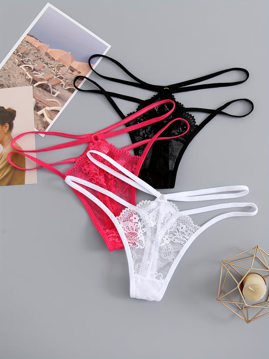 3pcs Cut-out Lace Thongs, Semi Sheer Thin Belt Intimates Panties, Women&