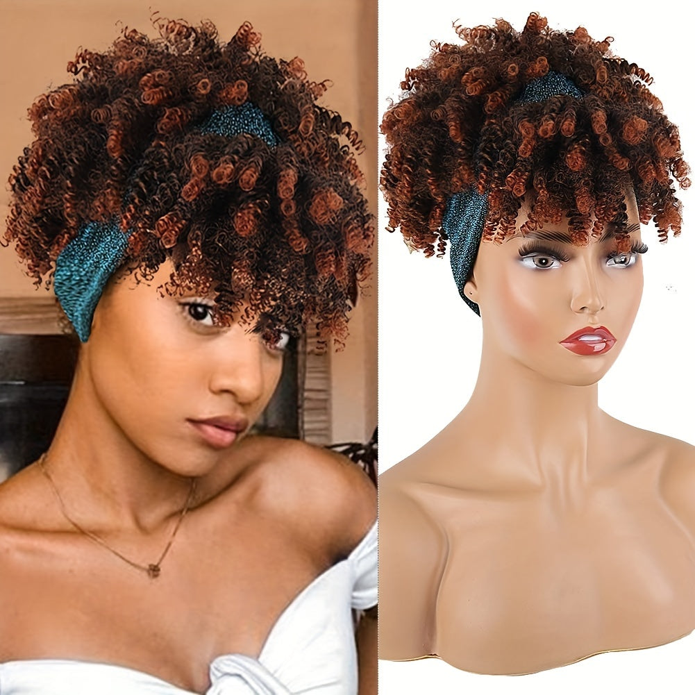 Headband Wigs For Women, Synthetic Short Afro Kinky Curly Wigs Dark Brown Wig With Bangs Wrap Wigs 2 In 1 Turban Wig Drawstring High Puff Wigs Headwrap Wigs With Headband Attached Updo Music Festival - Lena & Miles Exquisite Boutique LLC.