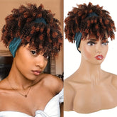 Headband Wigs For Women, Synthetic Short Afro Kinky Curly Wigs Dark Brown Wig With Bangs Wrap Wigs 2 In 1 Turban Wig Drawstring High Puff Wigs Headwrap Wigs With Headband Attached Updo Music Festival - Lena & Miles Exquisite Boutique LLC.