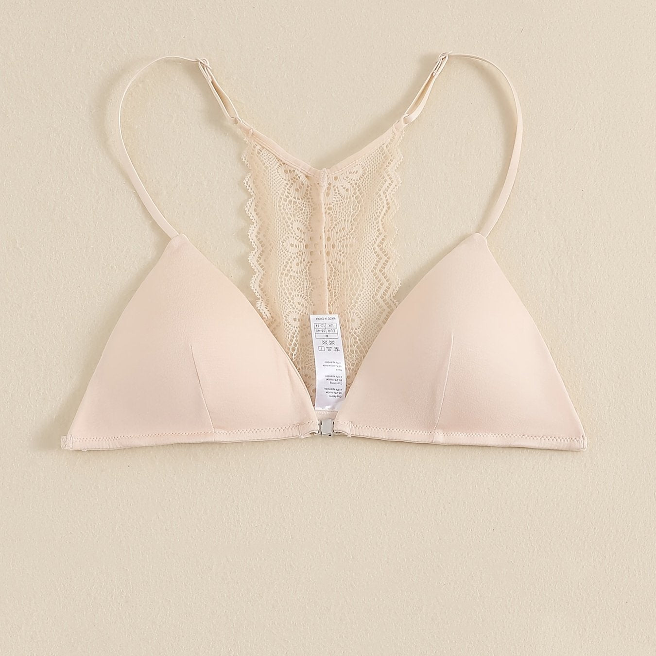 Triangle Cups Front Buckle Bras, Lace Stitching Beauty Back Bra With Removable Pads, Women&