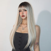 Champagne Blonde And Ivory White Mixed Wigs With Brown Gradient Color Hair Roots 28 Inch Long Straight Front Bangs Wigs Natural-looking Everyday Wigs Heat-resistant Synthetic Wigs Music Festival - Lena & Miles Exquisite Boutique LLC.