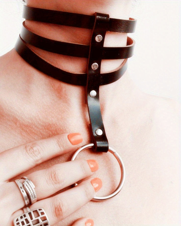 Punk Hollow Faux Leather Choker Necklace - Adjustable Three-Strap Design for a Customizable Fit, Premium Artificial Leather for a Luxurious Feel, Sexy Womens Lingerie and Underwear Accessory for a Romantic Evening or Night Ou - Lena & Miles Exquisite Boutique LLC.
