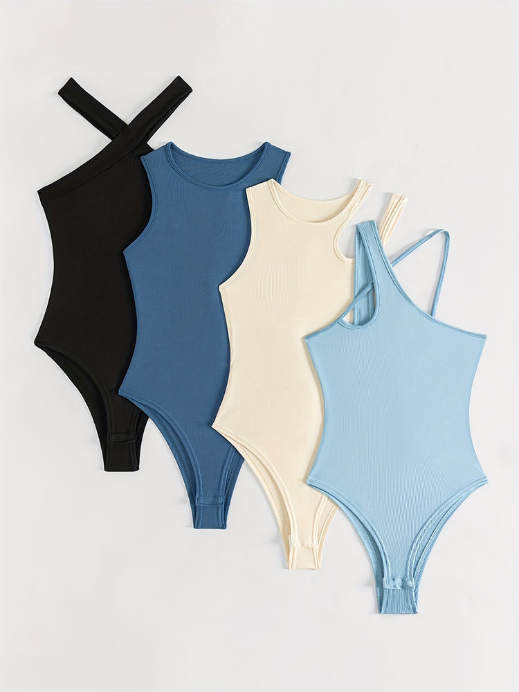 4 Pack Solid Bodysuits, Casual Asymmetrical Shoulder Bodysuits, Women&
