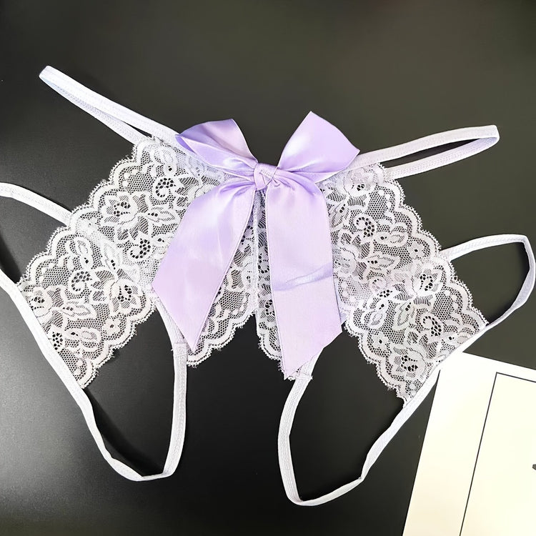 Semi-Sheer Jacquard Knit Briefs - Contrast Lace, Cut Out Scallop Trim, Open Crotch, Hand Wash Only, Sexy Womens Lingerie & Underwear for Adults - Lena & Miles Exquisite Boutique LLC.