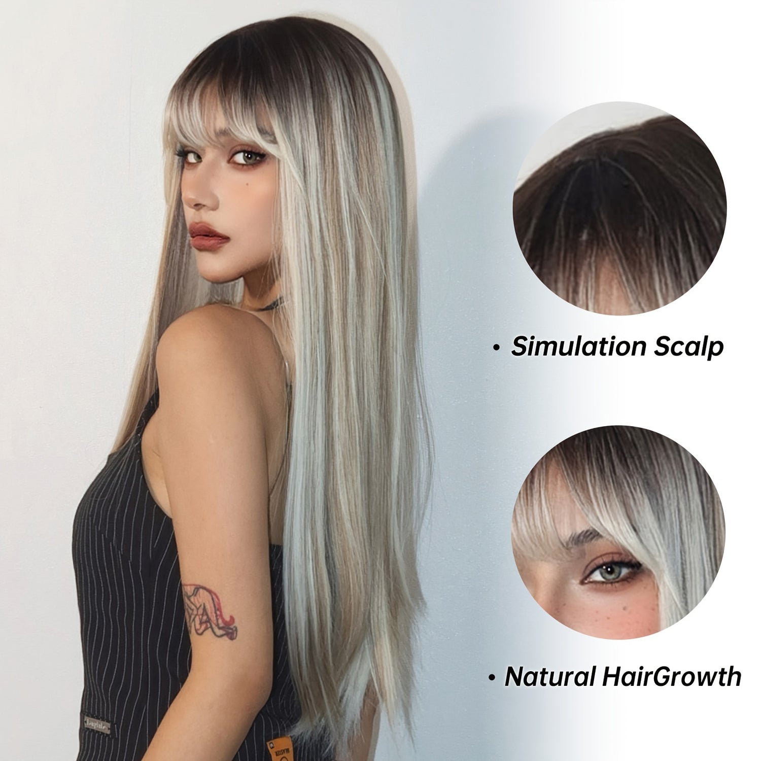 Champagne Blonde And Ivory White Mixed Wigs With Brown Gradient Color Hair Roots 28 Inch Long Straight Front Bangs Wigs Natural-looking Everyday Wigs Heat-resistant Synthetic Wigs Music Festival - Lena & Miles Exquisite Boutique LLC.