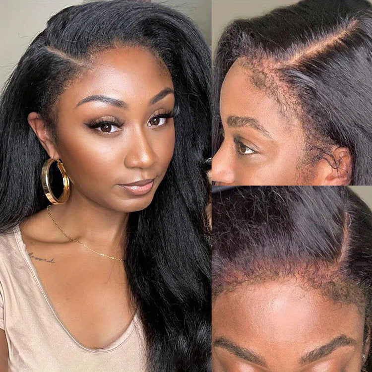 Kinky Straight 4C Edges Wig Human Hair 13x4 Lace Front Human Hair Wigs Yaki Straight Lace Front Wig For Women Brazilian Remy Human Hair Wig With Curly Baby Hair 18-30 Inch Natural Color - Lena & Miles Exquisite Boutique LLC.