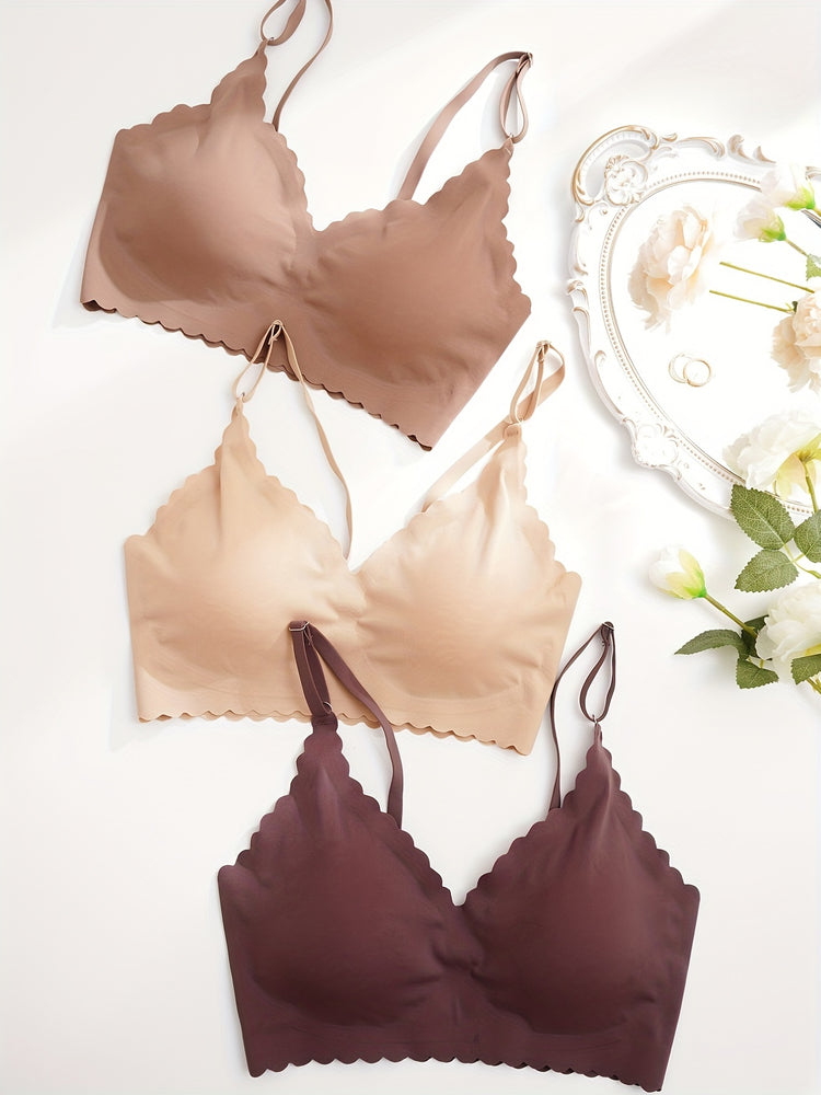 3pcs Wavy Trim Seamless Bralettes, Comfortable & Breathable Wireless Intimates Bras, Women&