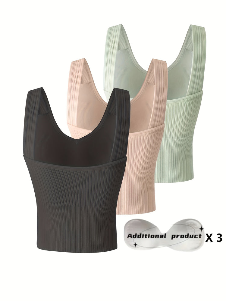 3pcs Comfortable Ribbed Tank Top - Wireless, Detachable Chest Pads, Breathable, Soft, and Seamless Lingerie & Underwear for Women - Casual, Everyday Wear - Lena & Miles Exquisite Boutique LLC.