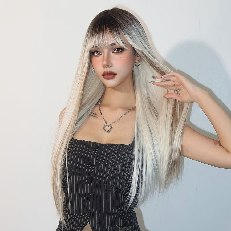 Champagne Blonde And Ivory White Mixed Wigs With Brown Gradient Color Hair Roots 28 Inch Long Straight Front Bangs Wigs Natural-looking Everyday Wigs Heat-resistant Synthetic Wigs Music Festival - Lena & Miles Exquisite Boutique LLC.