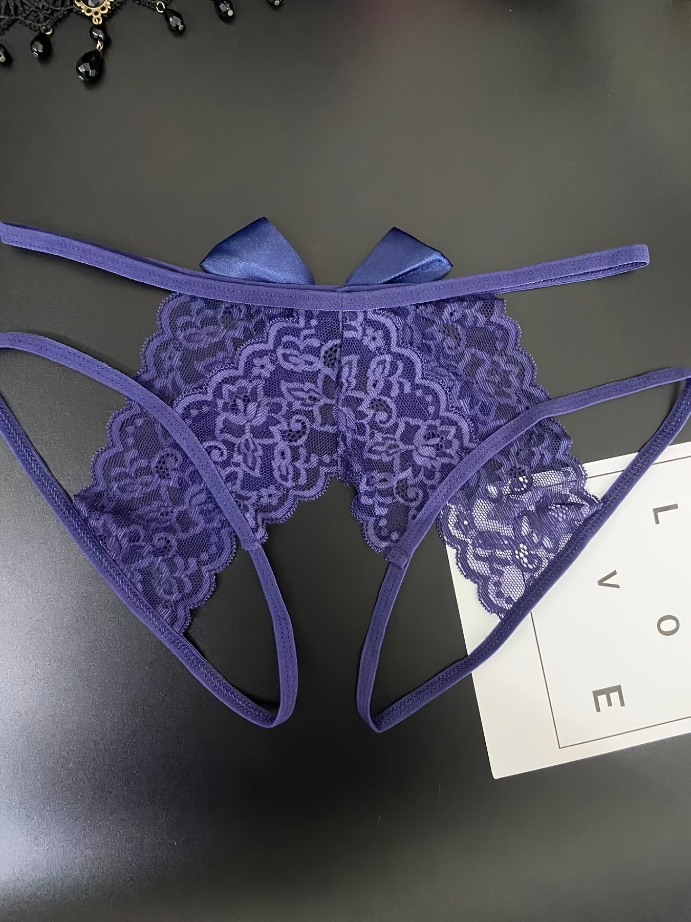 Semi-Sheer Jacquard Knit Briefs - Contrast Lace, Cut Out Scallop Trim, Open Crotch, Hand Wash Only, Sexy Womens Lingerie & Underwear for Adults - Lena & Miles Exquisite Boutique LLC.