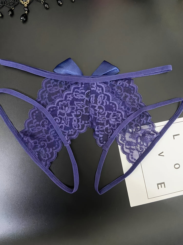 Semi-Sheer Jacquard Knit Briefs - Contrast Lace, Cut Out Scallop Trim, Open Crotch, Hand Wash Only, Sexy Womens Lingerie & Underwear for Adults - Lena & Miles Exquisite Boutique LLC.