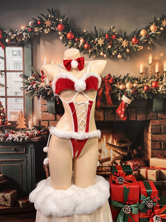 2pcs set of open-fronted body suits + neck ring bows, Christmas dress, sexy open-fronted body suits, lace-up uniforms, seductive pajamas, Christmas tube tops, naked back suits, with sexy lingerie, high-end uniforms, sexy clot - Lena & Miles Exquisite Boutique LLC.