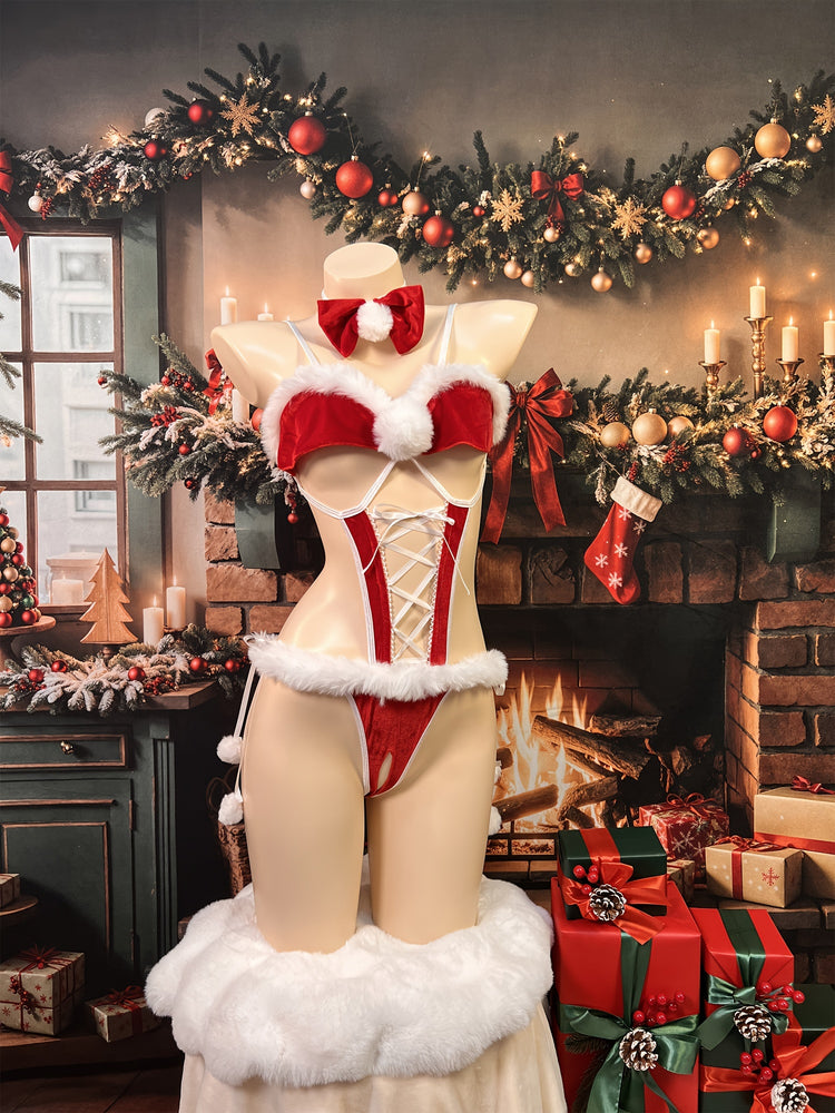 2pcs set of open-fronted body suits + neck ring bows, Christmas dress, sexy open-fronted body suits, lace-up uniforms, seductive pajamas, Christmas tube tops, naked back suits, with sexy lingerie, high-end uniforms, sexy clot - Lena & Miles Exquisite Boutique LLC.