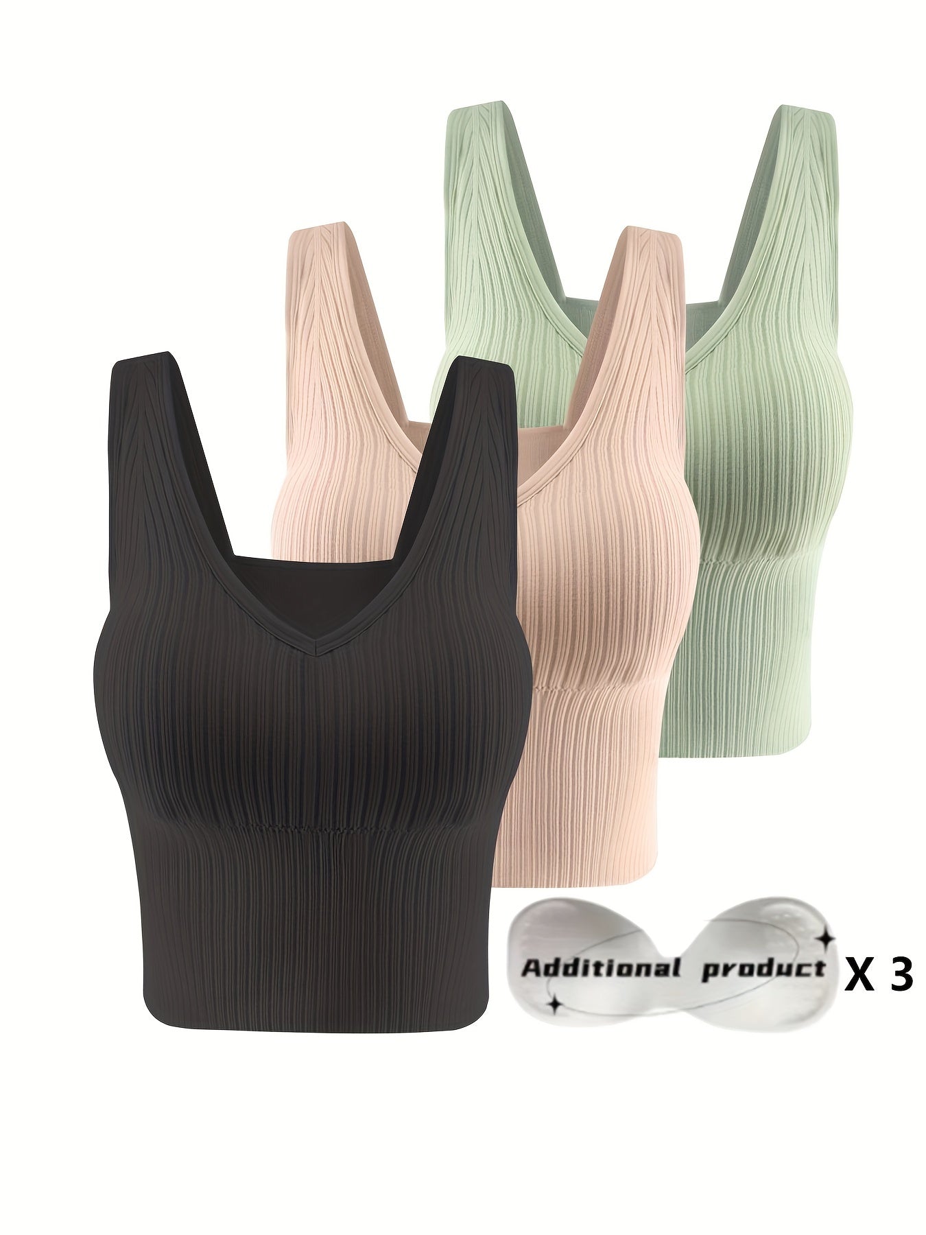 3pcs Comfortable Ribbed Tank Top - Wireless, Detachable Chest Pads, Breathable, Soft, and Seamless Lingerie & Underwear for Women - Casual, Everyday Wear - Lena & Miles Exquisite Boutique LLC.