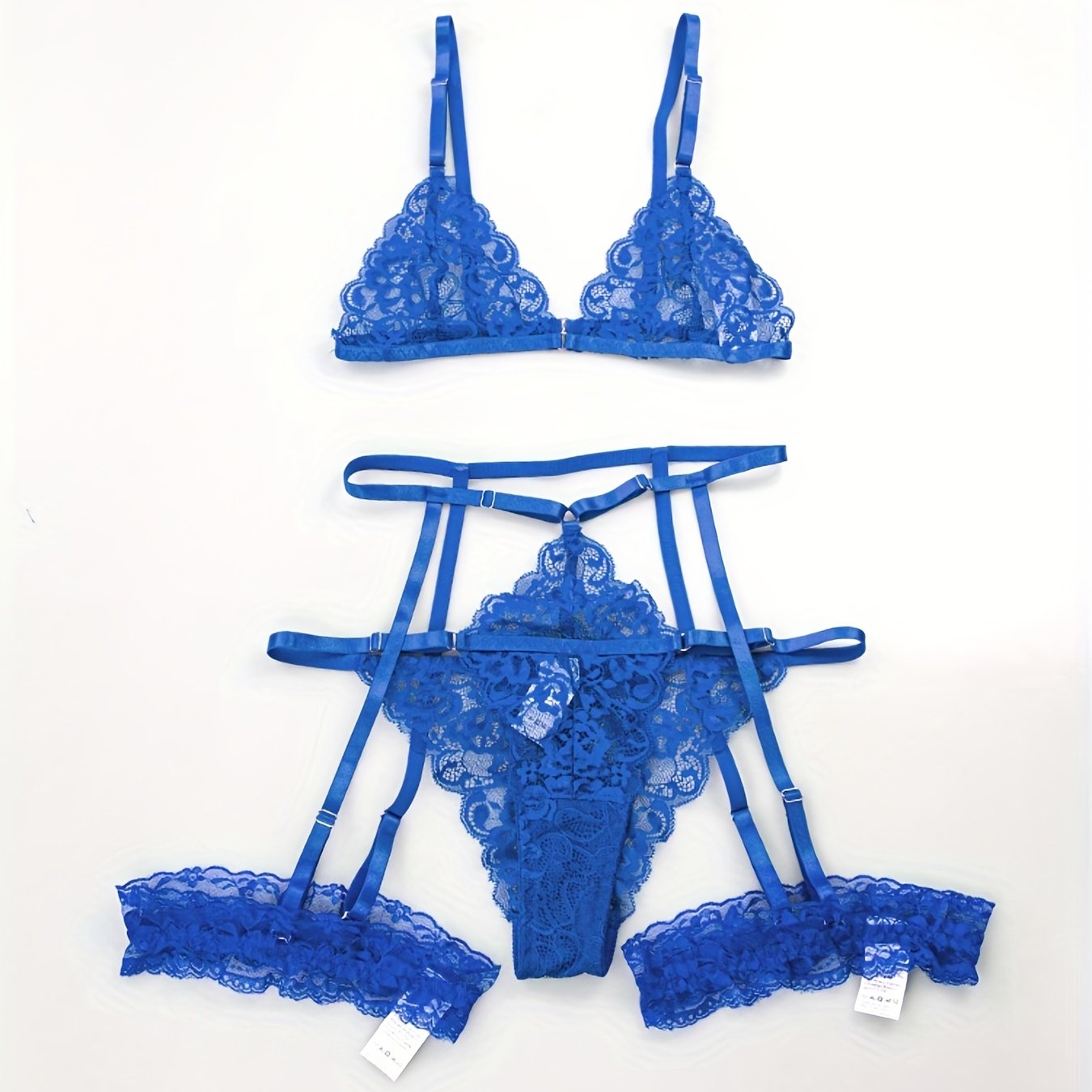 Sultry Floral Lace Lingerie Set - Sheer Bra, Garter Belt, G-String, Leg Ring - Women&