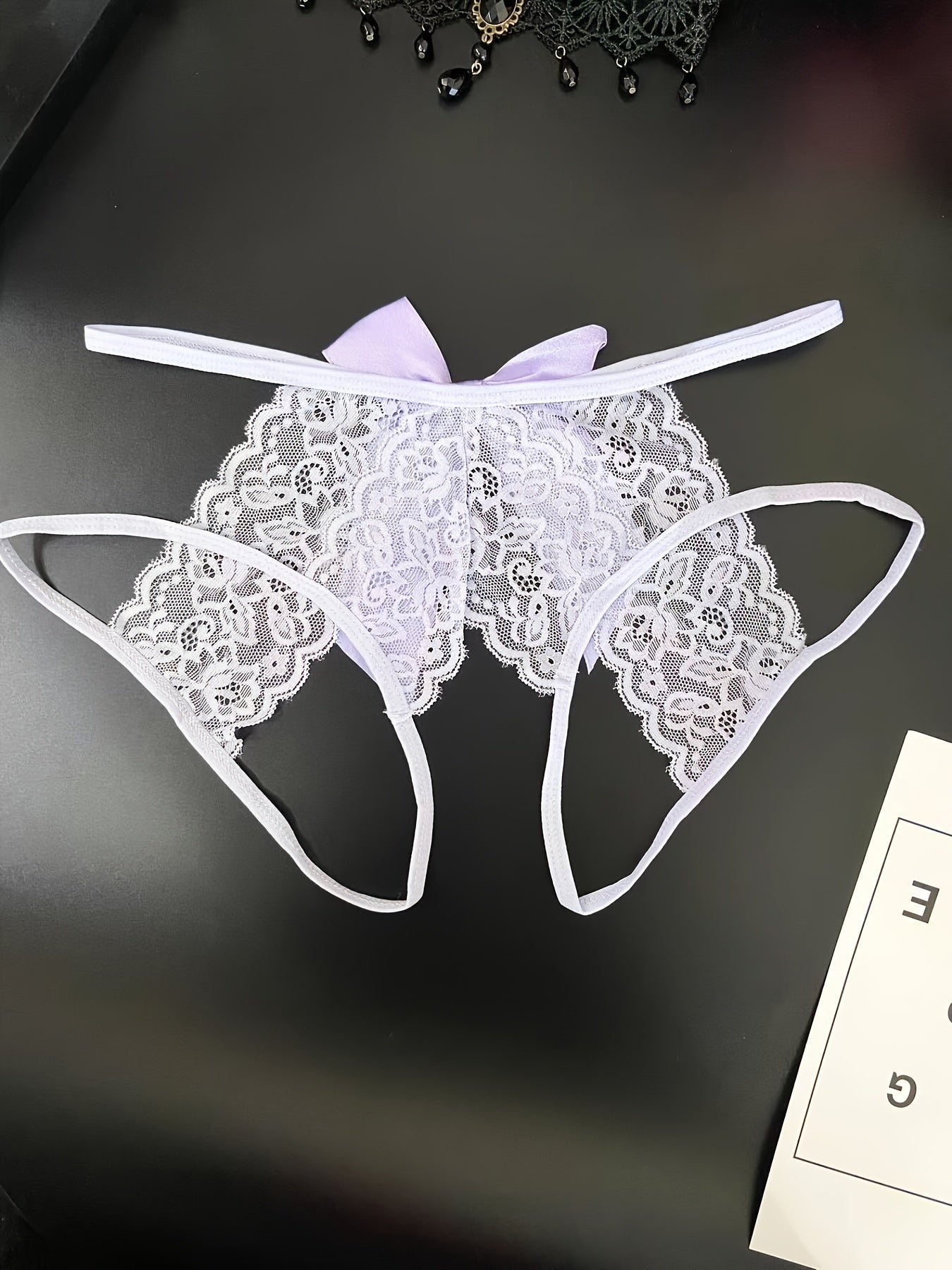 Semi-Sheer Jacquard Knit Briefs - Contrast Lace, Cut Out Scallop Trim, Open Crotch, Hand Wash Only, Sexy Womens Lingerie & Underwear for Adults - Lena & Miles Exquisite Boutique LLC.