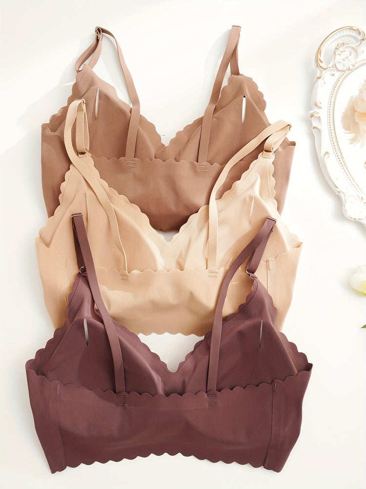 3pcs Wavy Trim Seamless Bralettes, Comfortable & Breathable Wireless Intimates Bras, Women&