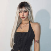 Champagne Blonde And Ivory White Mixed Wigs With Brown Gradient Color Hair Roots 28 Inch Long Straight Front Bangs Wigs Natural-looking Everyday Wigs Heat-resistant Synthetic Wigs Music Festival - Lena & Miles Exquisite Boutique LLC.