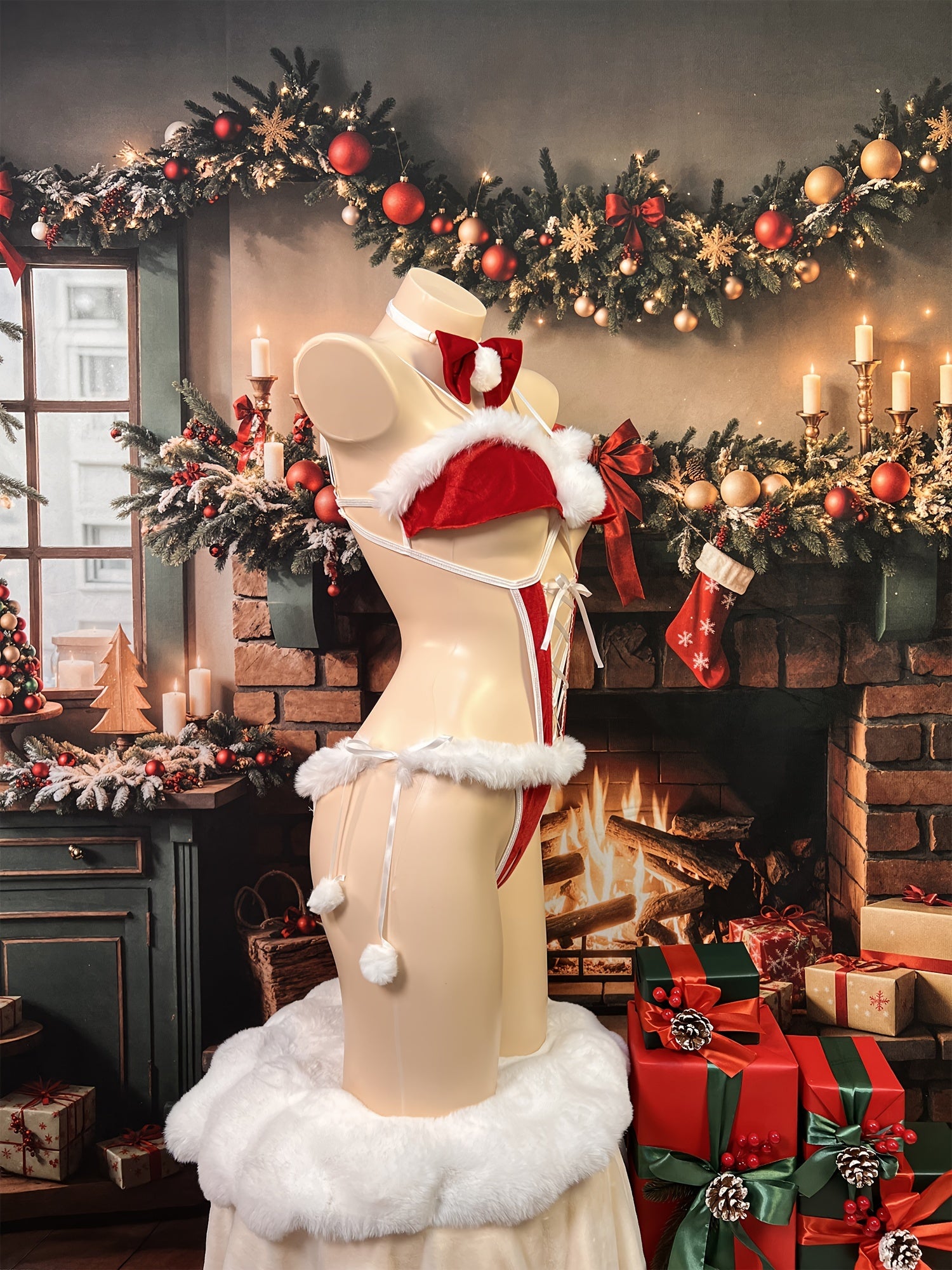 2pcs set of open-fronted body suits + neck ring bows, Christmas dress, sexy open-fronted body suits, lace-up uniforms, seductive pajamas, Christmas tube tops, naked back suits, with sexy lingerie, high-end uniforms, sexy clot - Lena & Miles Exquisite Boutique LLC.