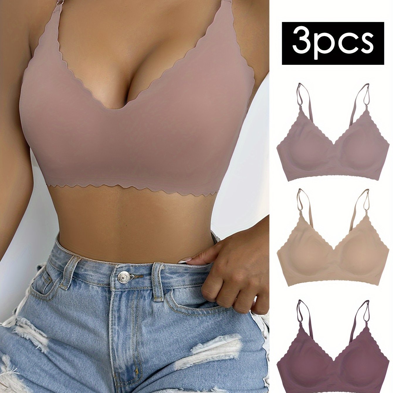 3pcs Wavy Trim Seamless Bralettes, Comfortable & Breathable Wireless Intimates Bras, Women&