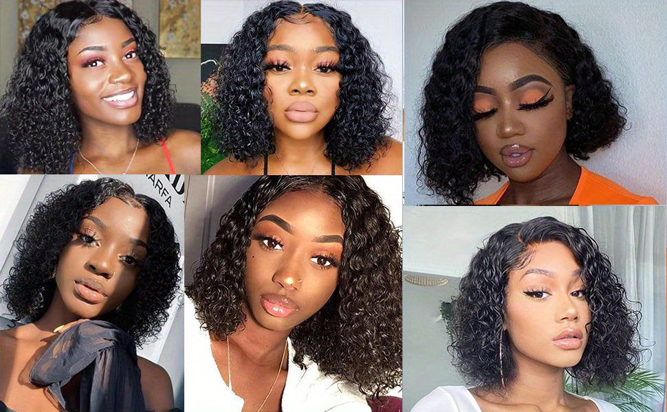 Beaushine Luxury Bob Human Hair Wigs - Short Water Wave Wet Wavy Style for Black Women - 10inch 13x4x1 Middle Part, Glueless Lace Closure, Pre-Plucked, 150% Density - Naturally Luscious and Easy to Style - Lena & Miles Exquisite Boutique LLC.