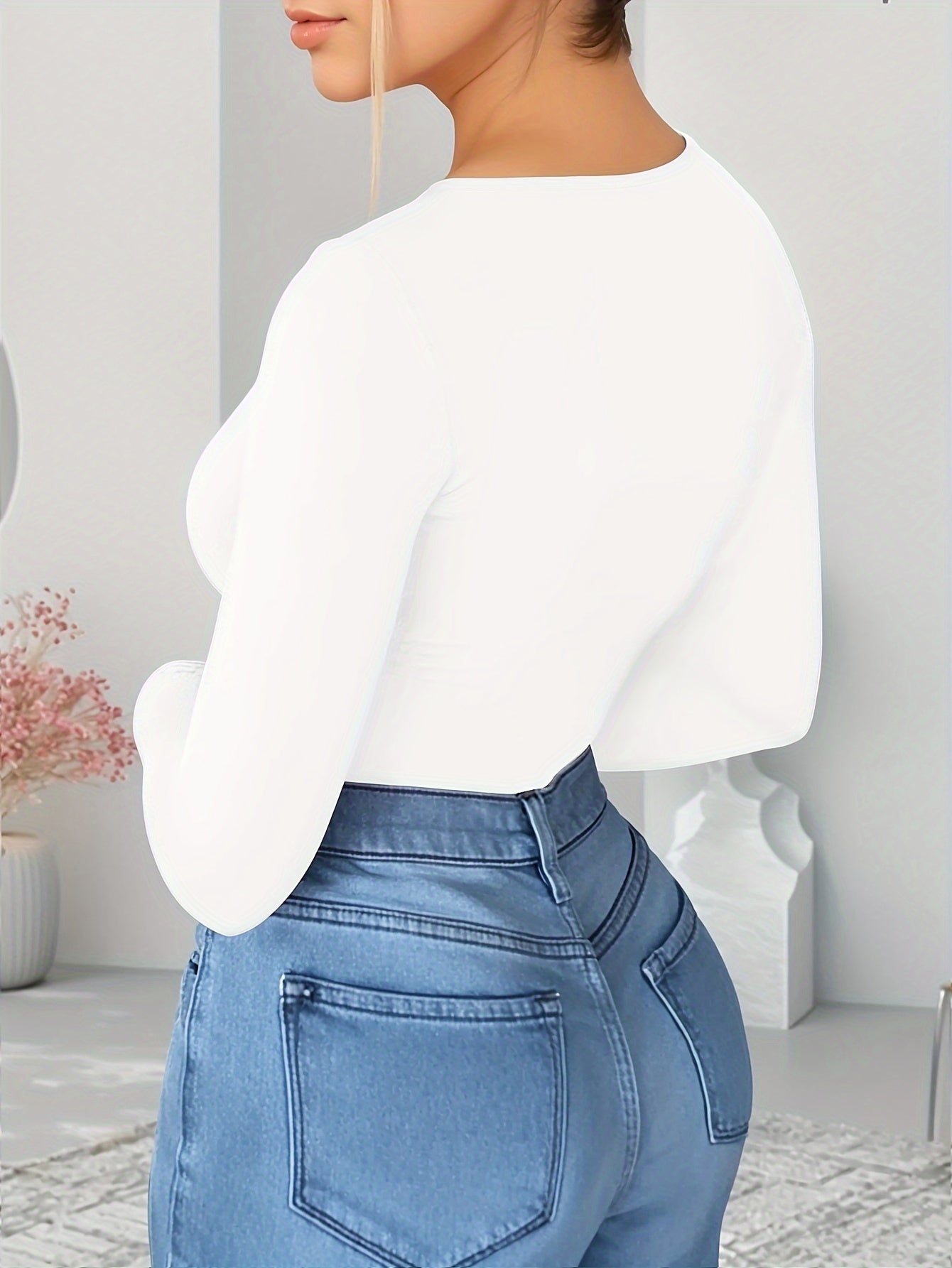 Bodysuits For Women Deep V Neck Twist Knot Fitted Long Sleeve Bodysuit Basic Tops Casual - Lena & Miles Exquisite Boutique LLC.