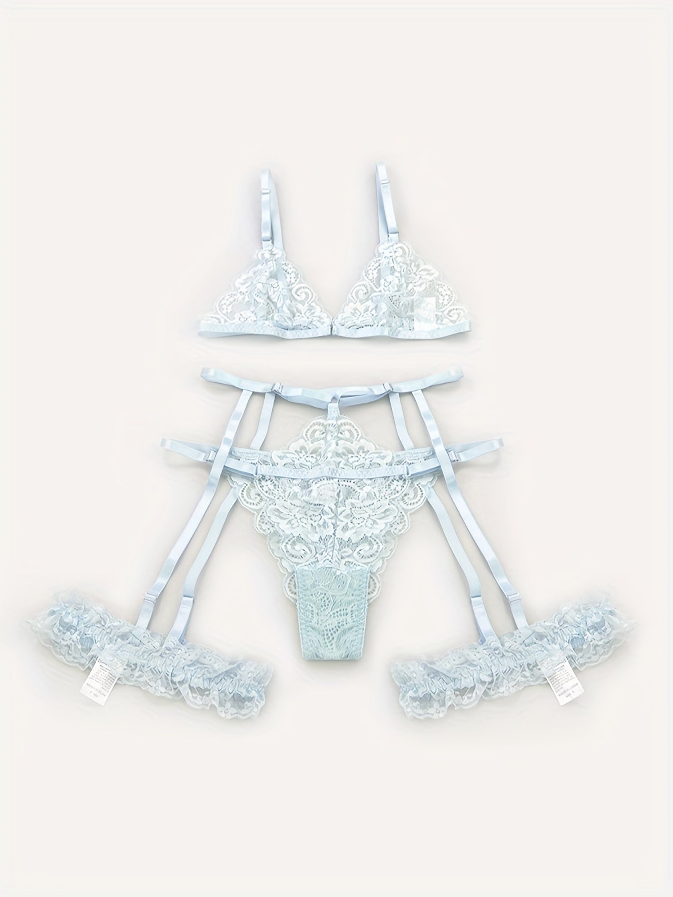 Sultry Floral Lace Lingerie Set - Sheer Bra, Garter Belt, G-String, Leg Ring - Women&