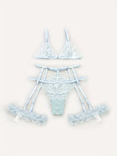 Sultry Floral Lace Lingerie Set - Sheer Bra, Garter Belt, G-String, Leg Ring - Women&