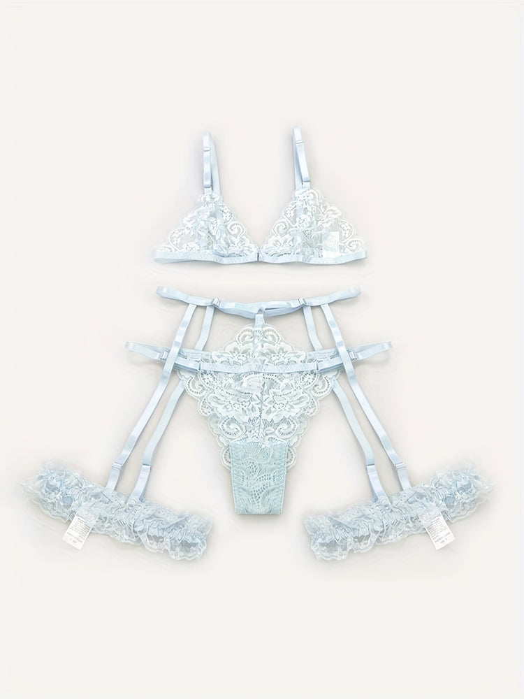 Sultry Floral Lace Lingerie Set - Sheer Bra, Garter Belt, G-String, Leg Ring - Women&