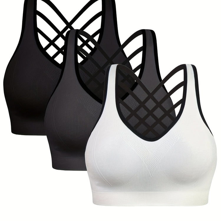 3pcs Criss Cross Back Sports Bras, Comfy & Breathable versatile Fitness Tank Bra, Women&