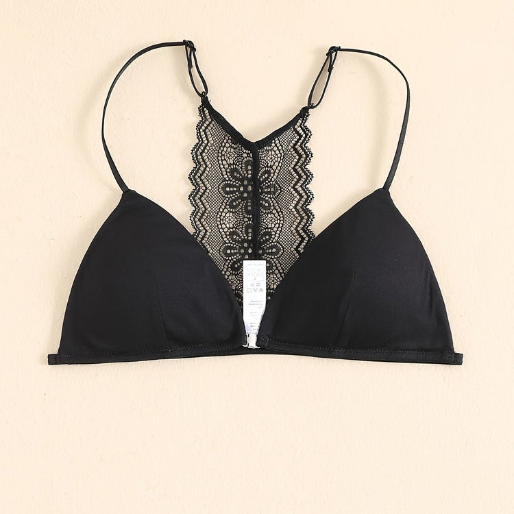 Triangle Cups Front Buckle Bras, Lace Stitching Beauty Back Bra With Removable Pads, Women&