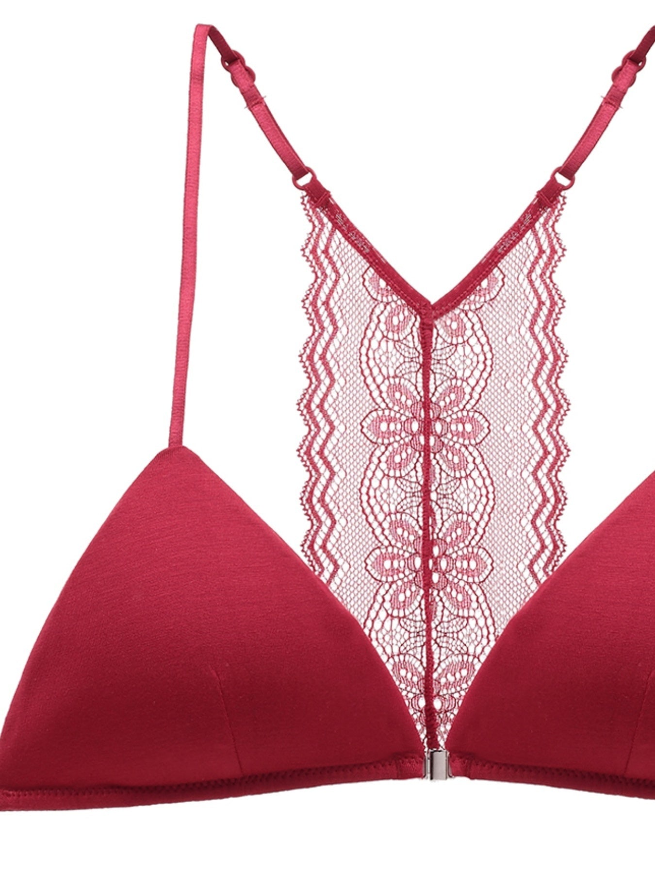 Triangle Cups Front Buckle Bras, Lace Stitching Beauty Back Bra With Removable Pads, Women&