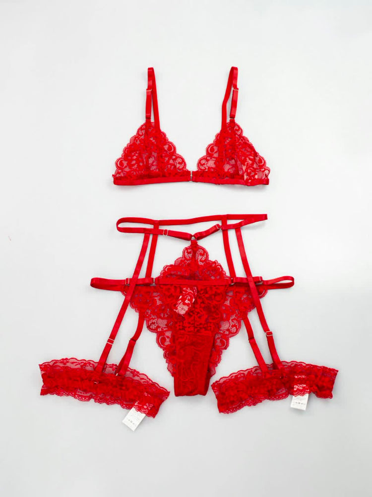 Sultry Floral Lace Lingerie Set - Sheer Bra, Garter Belt, G-String, Leg Ring - Women&