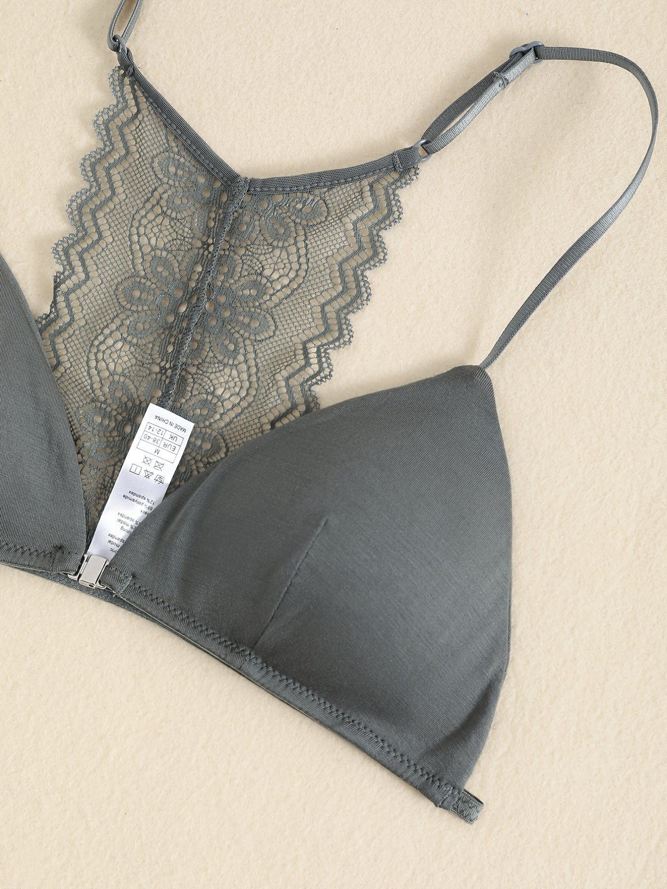 Triangle Cups Front Buckle Bras, Lace Stitching Beauty Back Bra With Removable Pads, Women&