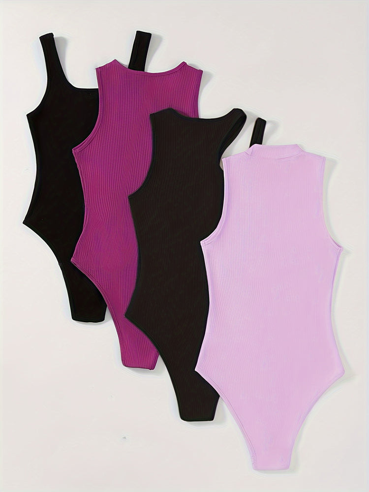 4 Pack Vibrant Solid Color Bodysuits - Sexy Sleeveless Skinny Bodysuits for Spring & Summer - Women&