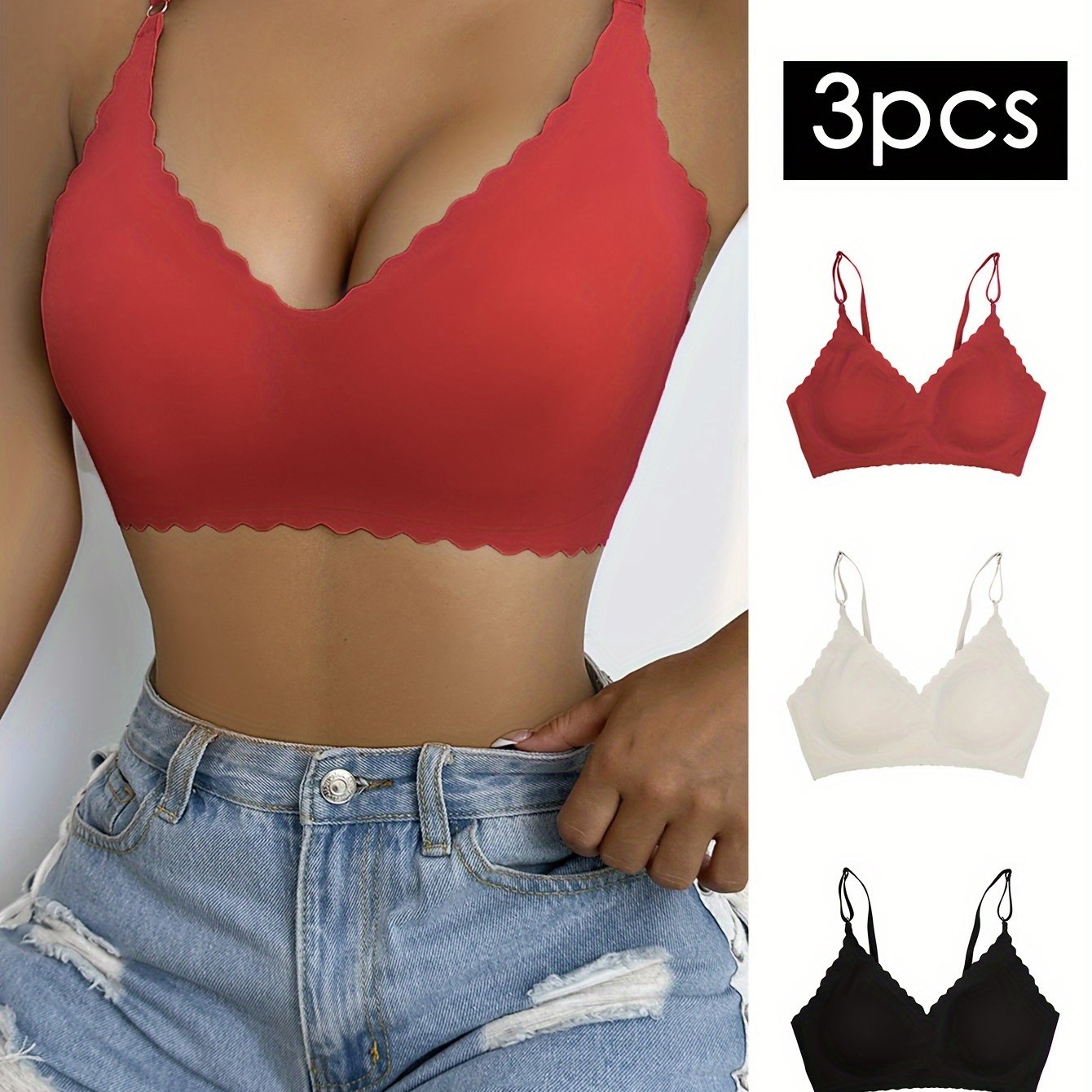 3pcs Wavy Trim Seamless Bralettes, Comfortable & Breathable Wireless Intimates Bras, Women&