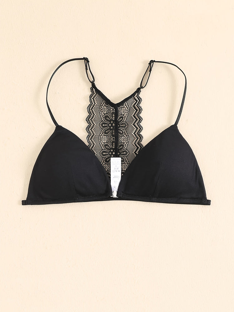 Triangle Cups Front Buckle Bras, Lace Stitching Beauty Back Bra With Removable Pads, Women&