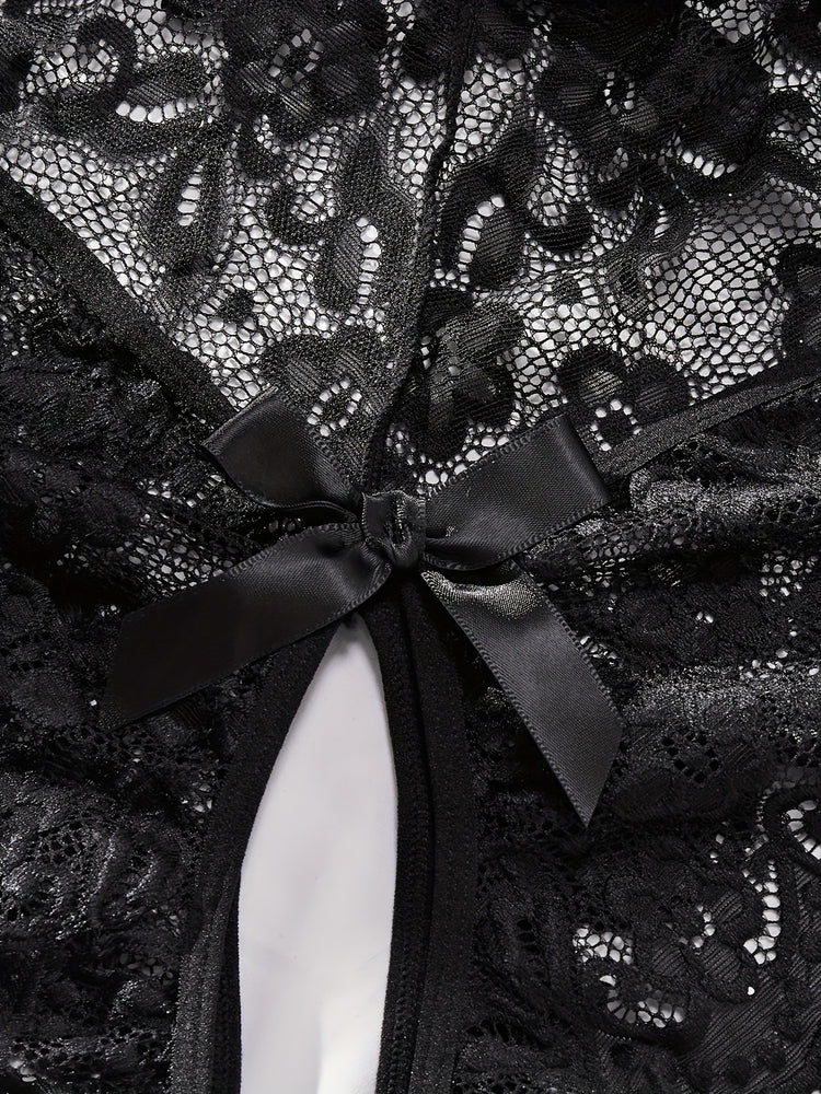 Plus Size Seductive Floral Lace Bodysuit - Plunging Halter Neck, Open Crotch, Medium Stretch, Sheer, Knit Fabric, Polyester Material - Sexy Lingerie for Women - Lena & Miles Exquisite Boutique LLC.