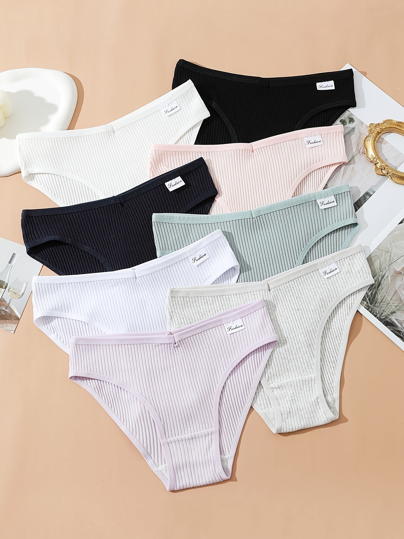 8pcs Seamless Ribbed Bikini, Comfy & Breathable Low Waist Panties, Women&
