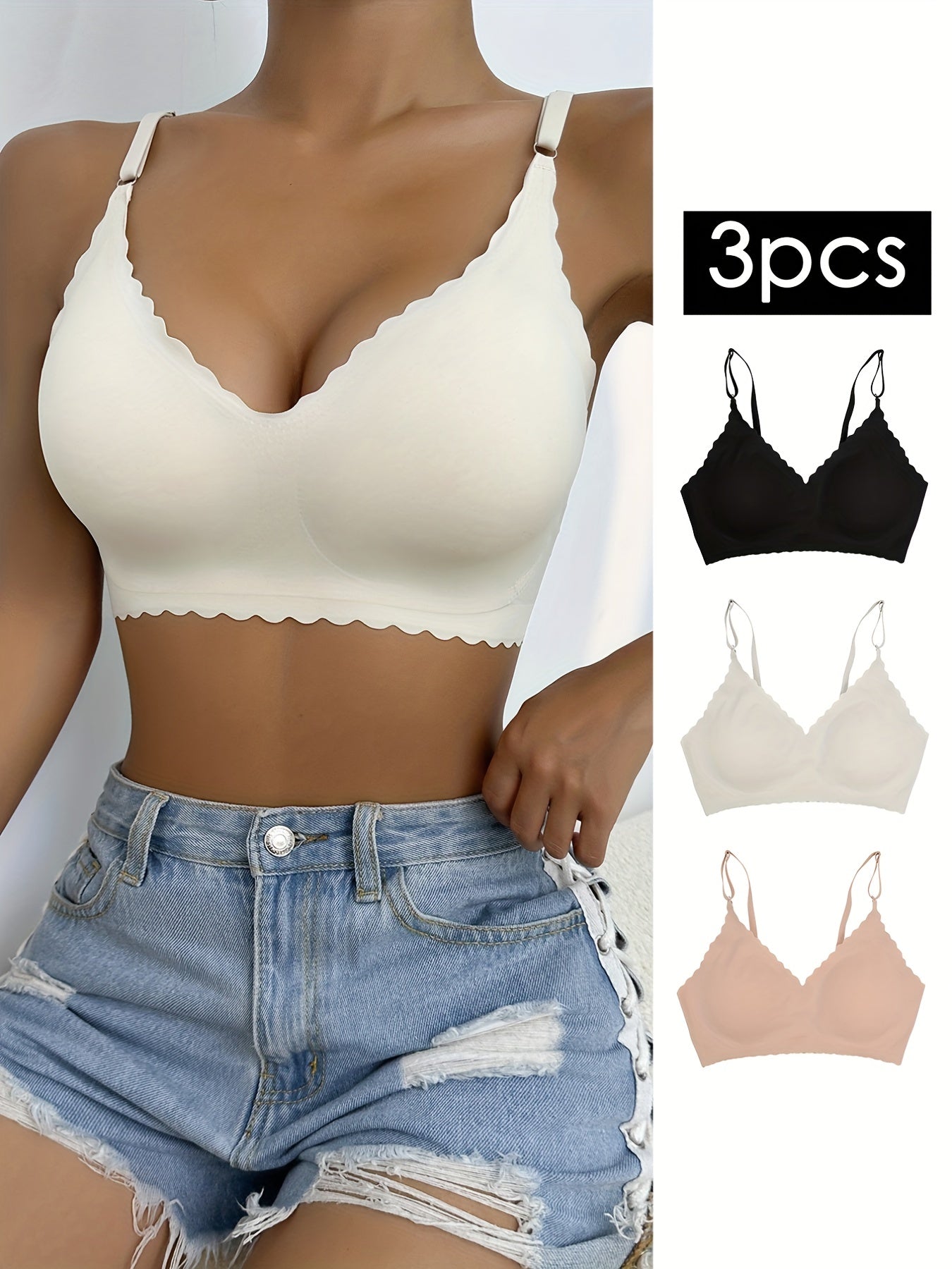 3pcs Wavy Trim Seamless Bralettes, Comfortable & Breathable Wireless Intimates Bras, Women&