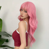 24 Inch Long, Coily, Heat Resistant Pink Body Wave Hair Wigs with Bangs - Synthetic Fiber, Fantasy Theme, Perfect for Daily, Party, Cosplay, Music Festival Use - High-Quality, Soft, Natural-Looking Hair for Women and Girls - Lena & Miles Exquisite Boutique LLC.