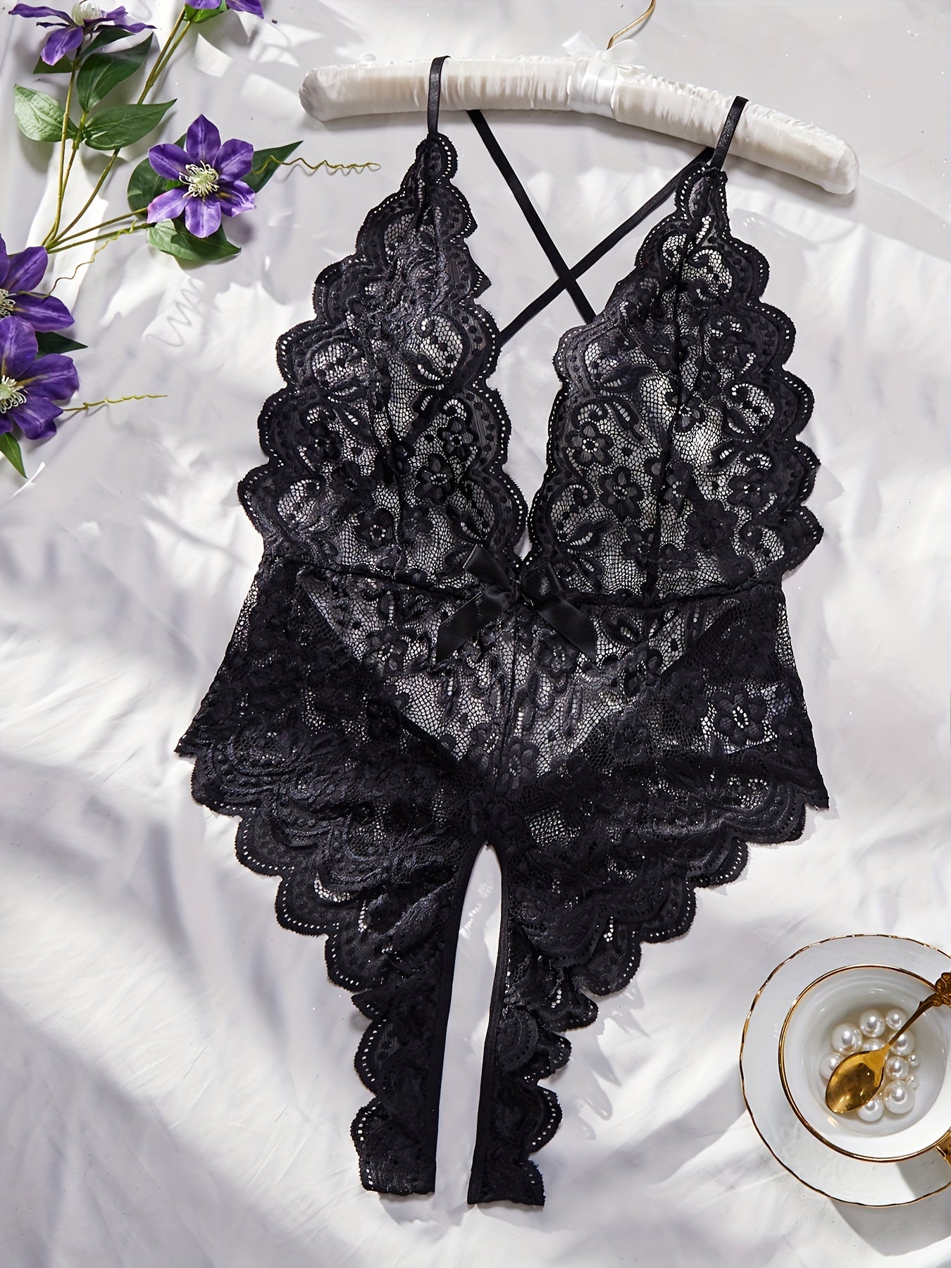 Plus Size Seductive Floral Lace Bodysuit - Plunging Halter Neck, Open Crotch, Medium Stretch, Sheer, Knit Fabric, Polyester Material - Sexy Lingerie for Women - Lena & Miles Exquisite Boutique LLC.