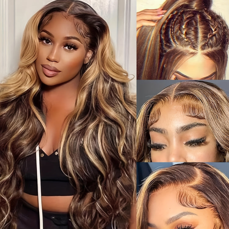 Honey Blonde Lace Front Wig Human Hair 13x4 HD Transparent 4/27 Highlight Ombre Lace Front Wigs Human Hair Pre Plucked With Baby Hair 180% Density Body Wave Glueless Human Hair Wigs For Women - Lena & Miles Exquisite Boutique LLC.